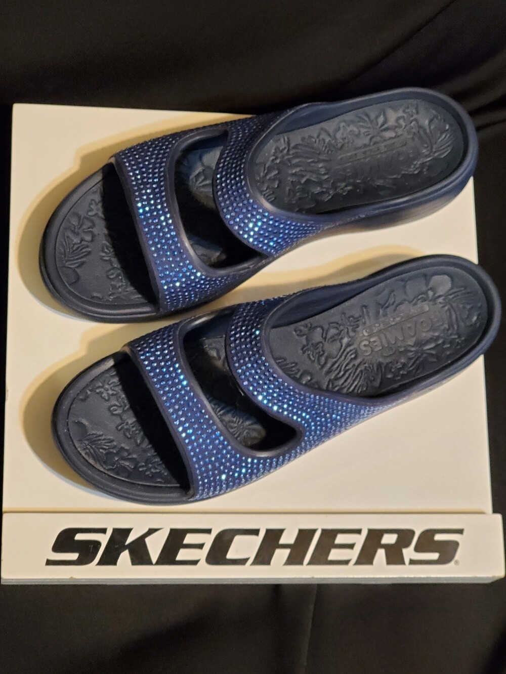 Womens 11 Skechers Foamies Archfit Navy Blue Slide Sandals with Sparkle